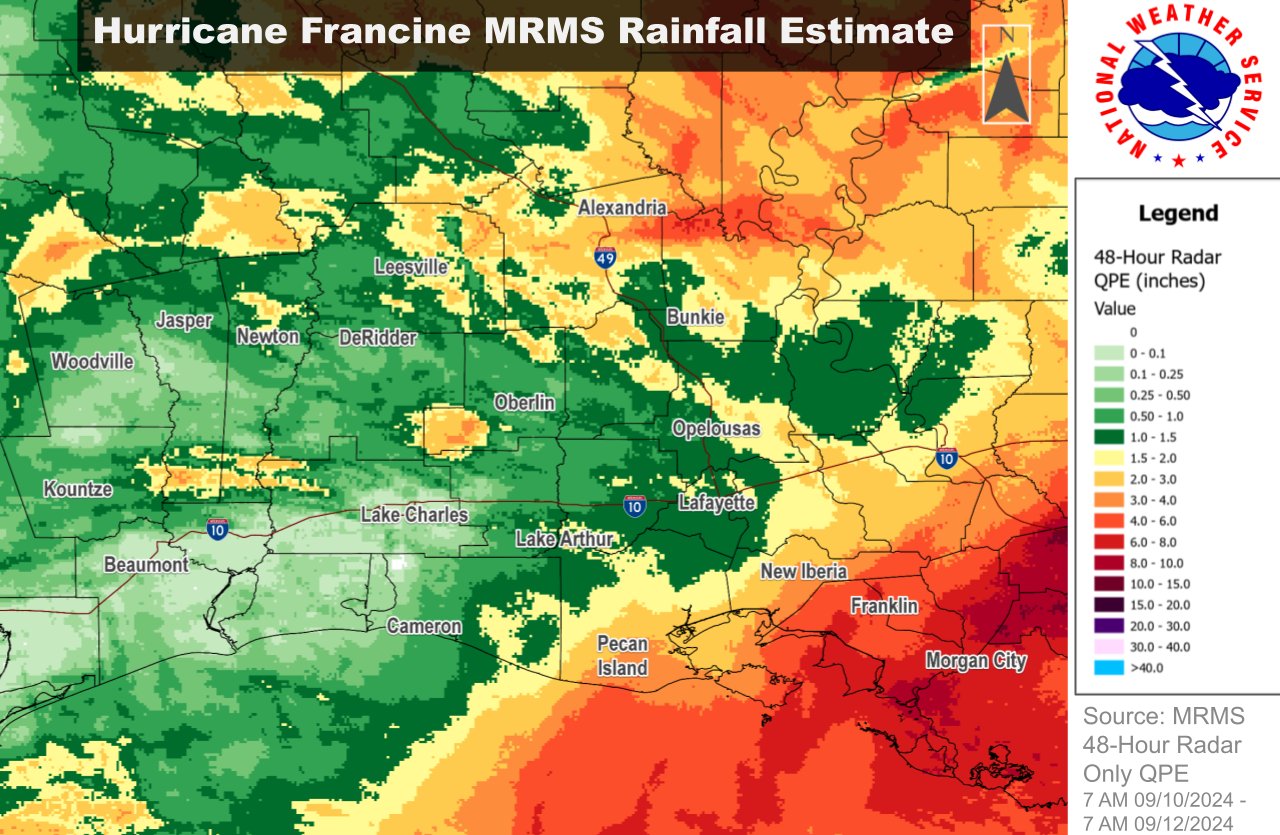 Raw NOAA Multi-radar multi-sensor quantitative precipitation estimationestimation (inches) from 7 AM CDT September 10th to 7 AM CDT September 12th. Graphic created by Marti Calhoun.