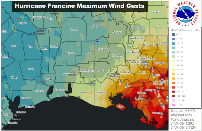 Maximum wind gusts map using data from the post storm reports and NSF NHERI DesignSafe from 7 AM CDT September 11th to 7 AM CDT September 13th. Graphic created by Marti Calhoun.