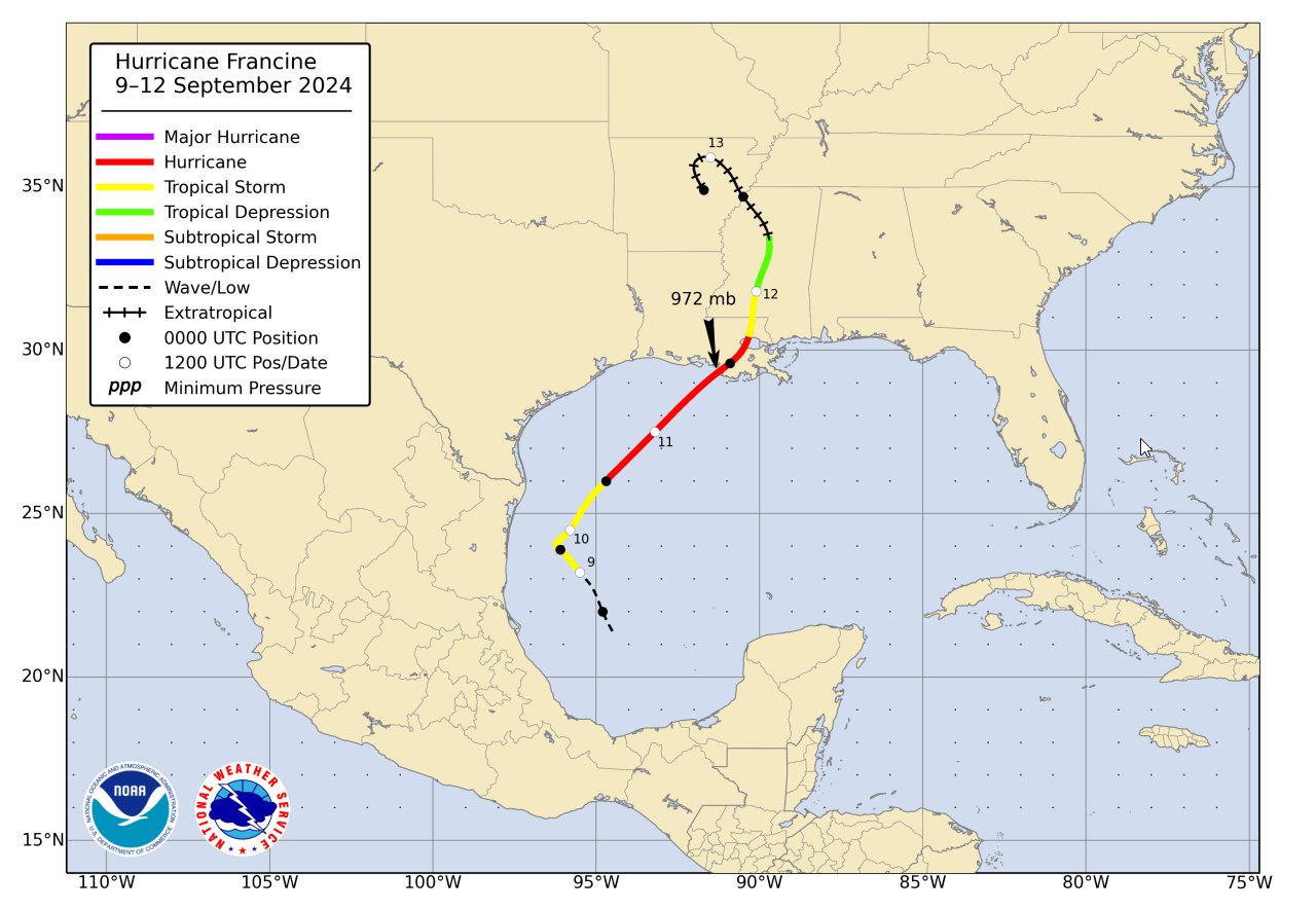 National Hurricane Center best track of Hurricane Francine.