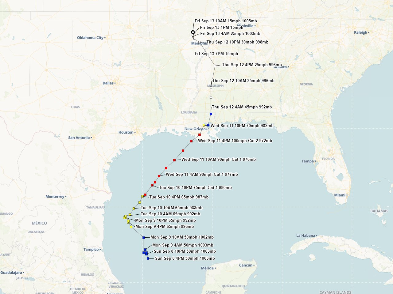 Hurrevac Gulf of America track of Hurricane Francine from operational National Hurricane Center public advisories.