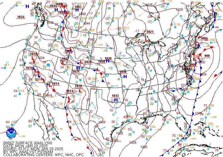 U.S. surface map animation from January 20-23, 2025 showing the progression of the Arctic surface high pressure and deepening Gulf surface low pressure responsible for the record snowfall and record cold temperatures.