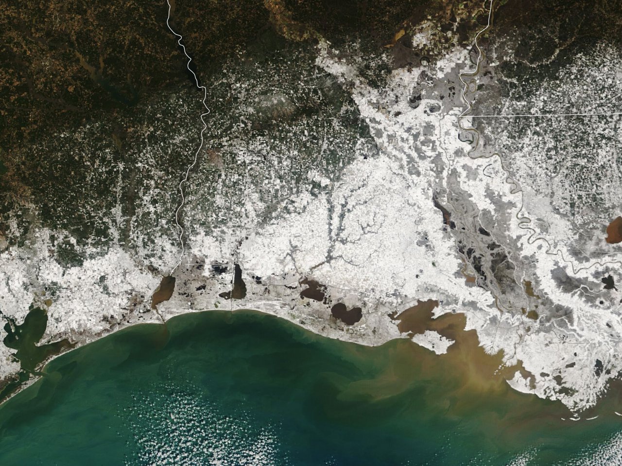 MODIS GeoColor Satellite Image from January 22, 2025 showing the extensive snow cover over South Louisiana and Southeast Texas.