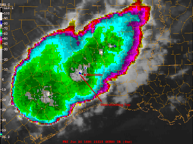GOES-8 10.7 micron longwave IR image indicating an overshooting cloud top over West-Central Tyler County in Southeast Texas