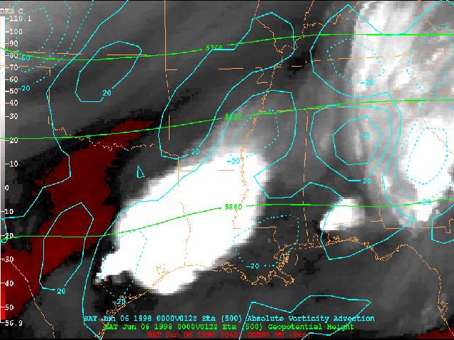 500 mb heights and absolute vorticity advection superimposed on GOES-8 6.7 micron water vapor