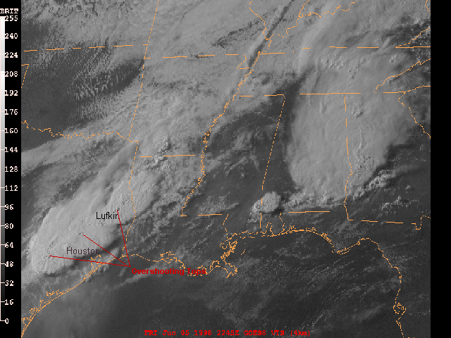 GOES-8 visible image shows this squall line oriented from near Lufkin to southwest of Houston
