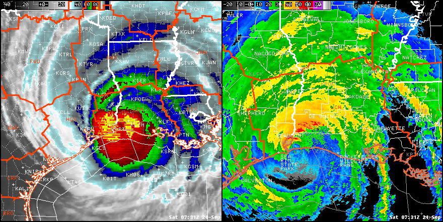GOES-12 Infrared Satellite Image & Lake Charles WSR-88D Radar Image of Hurricane Rita at 2:31 AM CDT September 24, 2005.