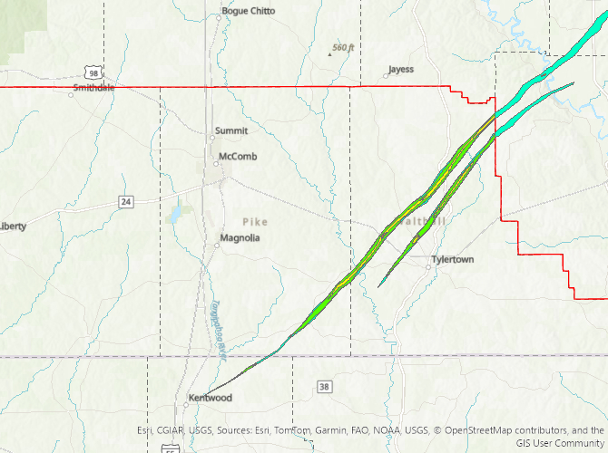 Kentwood, LA to Darbun, MS tornado track of March 15, 2025