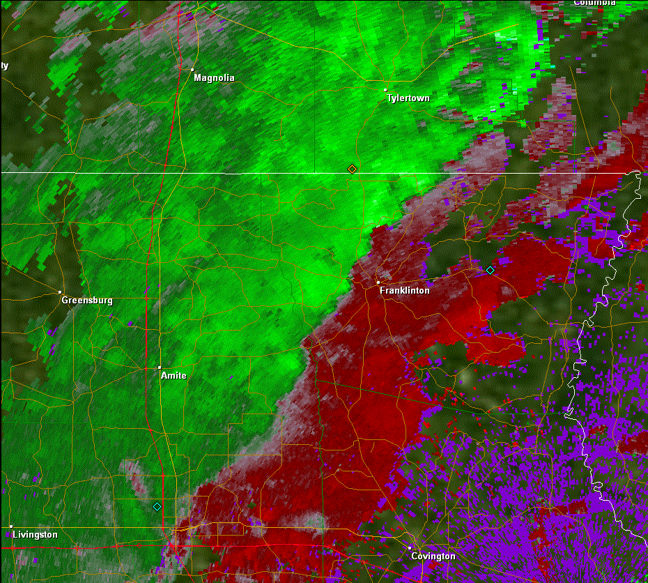 KLIX Storm Relative Velocity product for Franklinton, LA tornado - 04/04/11 0640 PM CDT