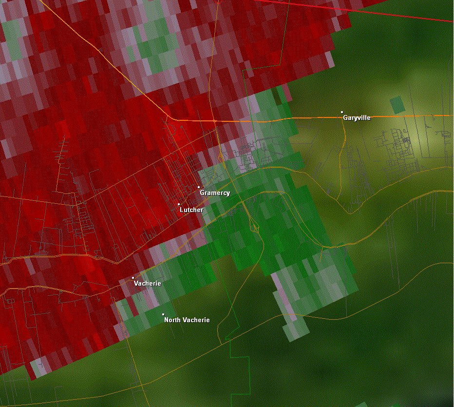 KLIX Storm Relative Velocity product for Gramercy, LA tornado - 04/04/11 0650 PM CDT