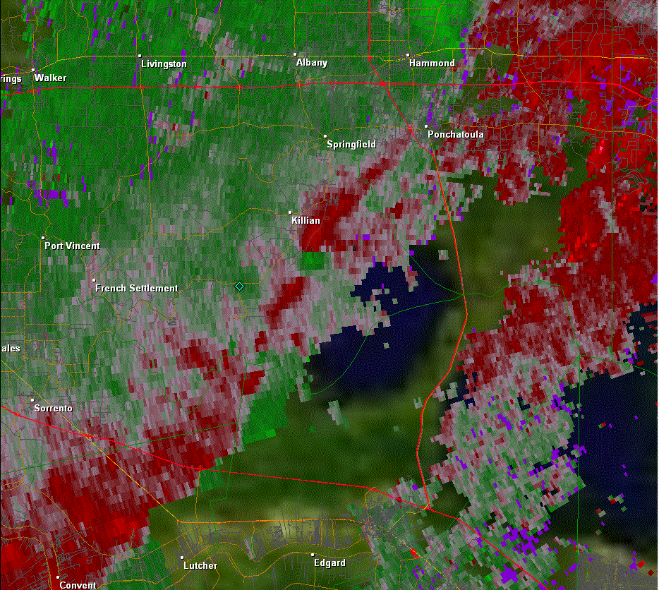 KLIX Storm Relative Velocity product for Killian, LA tornado - 04/04/11 0645 PM CDT