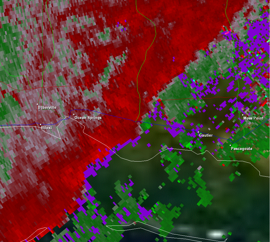 KLIX Storm Relative Velocity product for Ocean Springs, MS tornado - 04/04/11 850 PM CDT