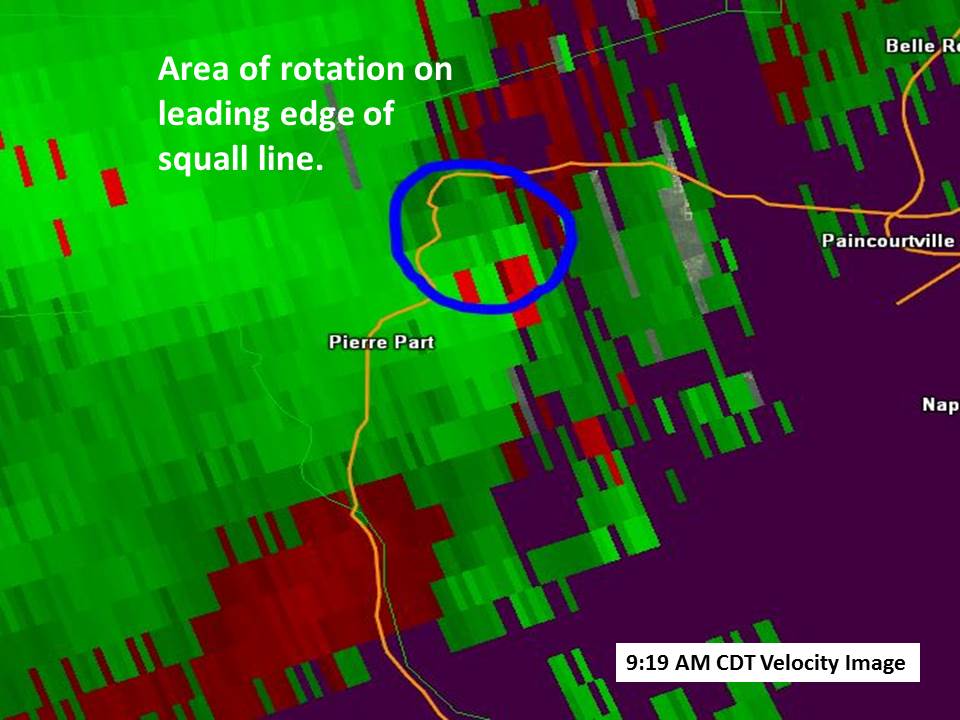 KLIX Base Velocity product for Pierre Part, LA tornado and straight line winds - 04/27/2015