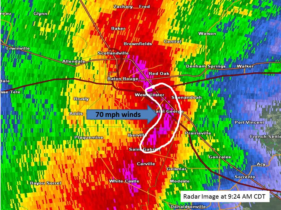 KLIX reflectivity for Baton Rouge, LA straight line winds of 4/27/2015