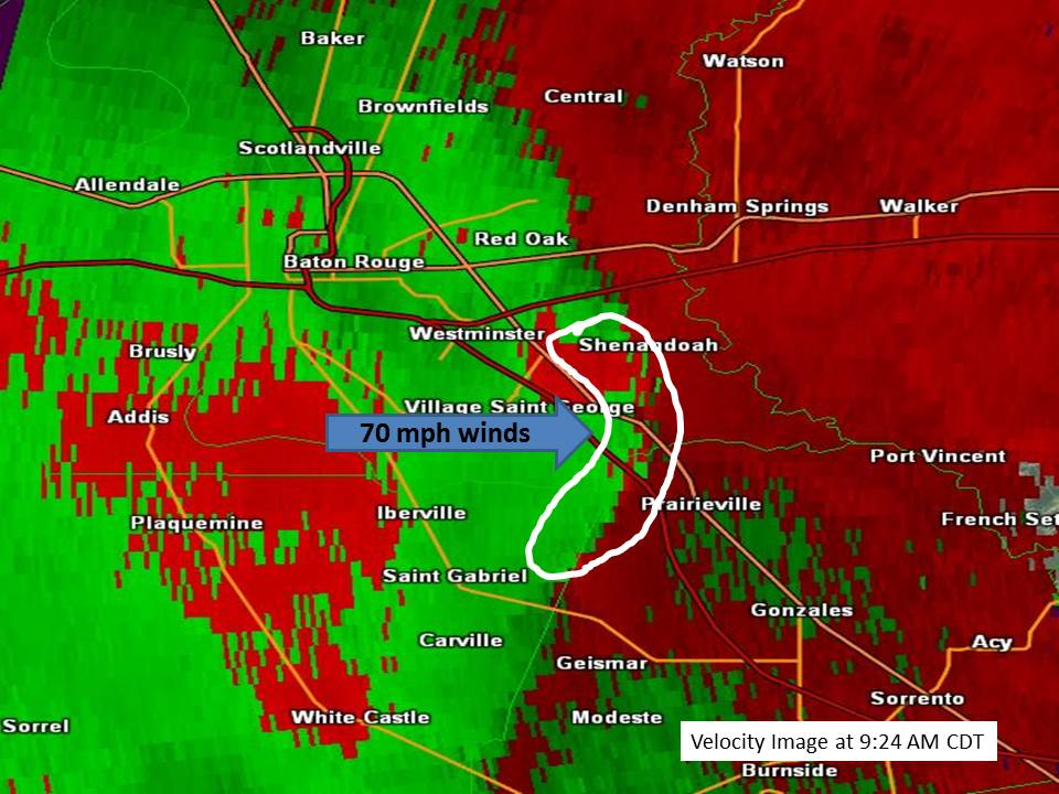 KLIX Base Velocity product for Baton Rouge, LA straight line winds - 04/27/2015