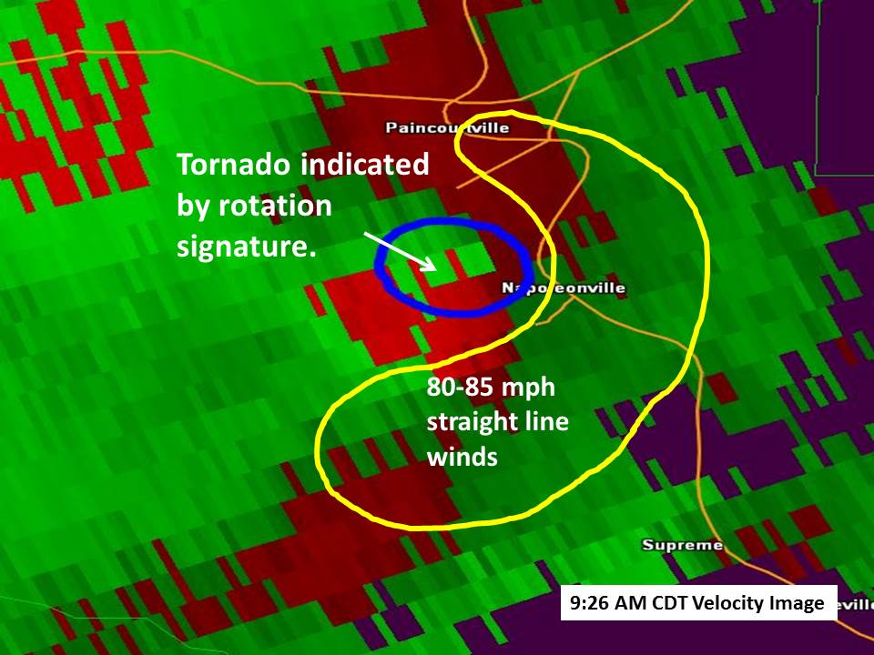 KLIX Base Velocity product for Napoleonville, LA tornado and straight line winds - 04/27/2015