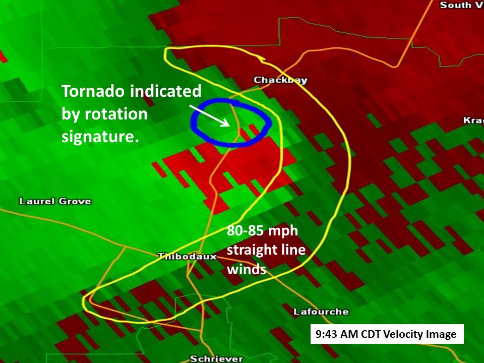 KLIX Base Velocity product for Chackbay, LA tornado and straight line winds - 04/27/2015