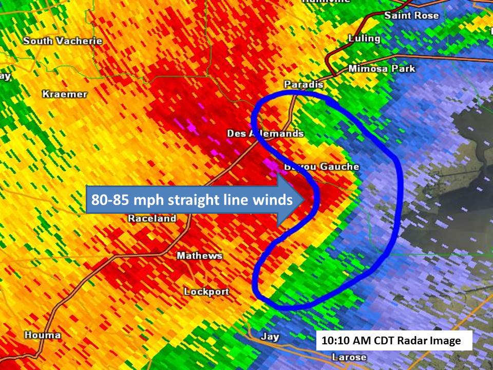 KLIX reflectivity for Bayou Gauche, LA tornado and straight line winds - 4/27/2015