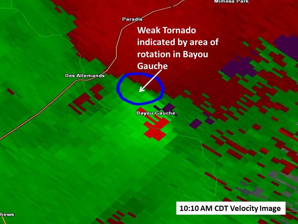 KLIX Base Velocity product for Bayou Gauche, LA tornado and straight line winds - 04/27/2015