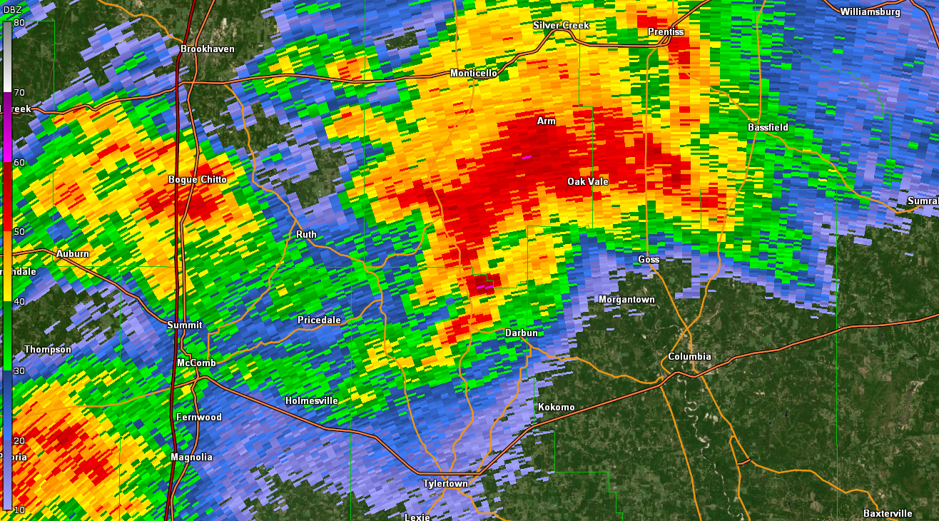 KLIX reflectivity for Northern Walthall County, MS tornado of 4/12/2020