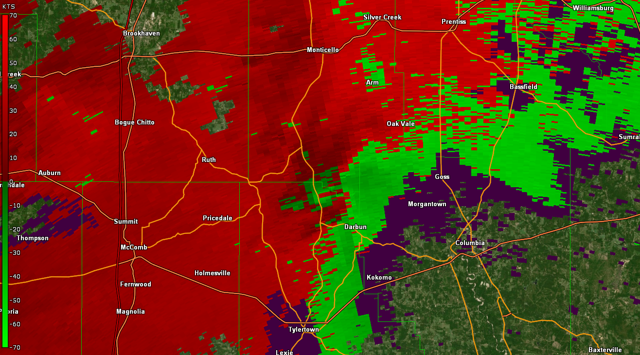KLIX Storm Relative Velocity product for Northern Walthall County, MS tornado - 04/12/20 347 PM CDT
