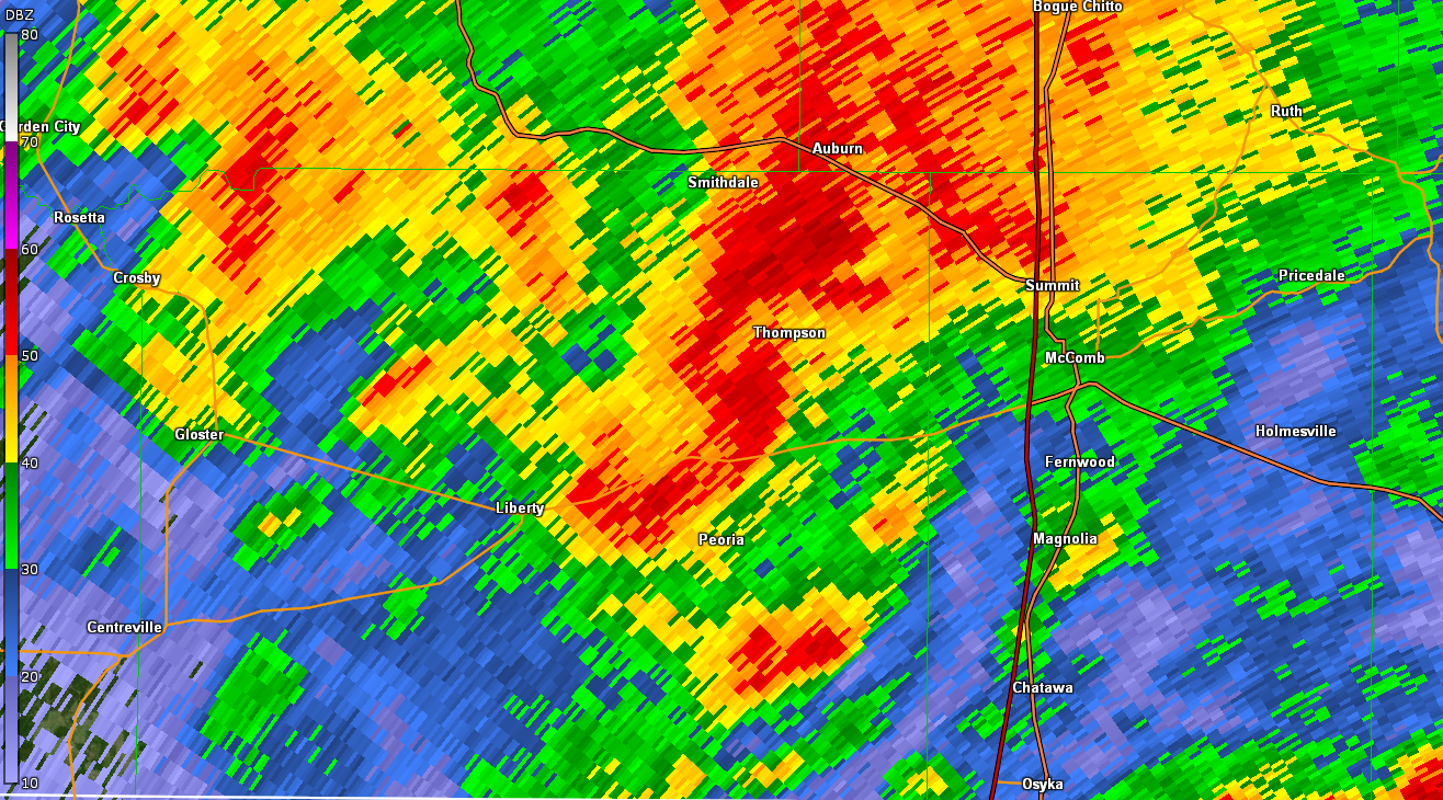 KLIX reflectivity for Amite and Pike County, MS tornado of 4/23/2020