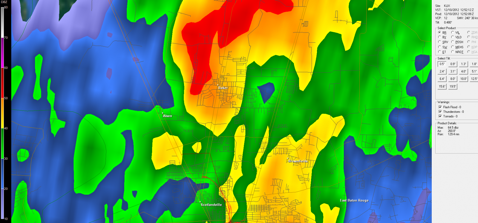 KLIX Reflectivity for Baker Tornado