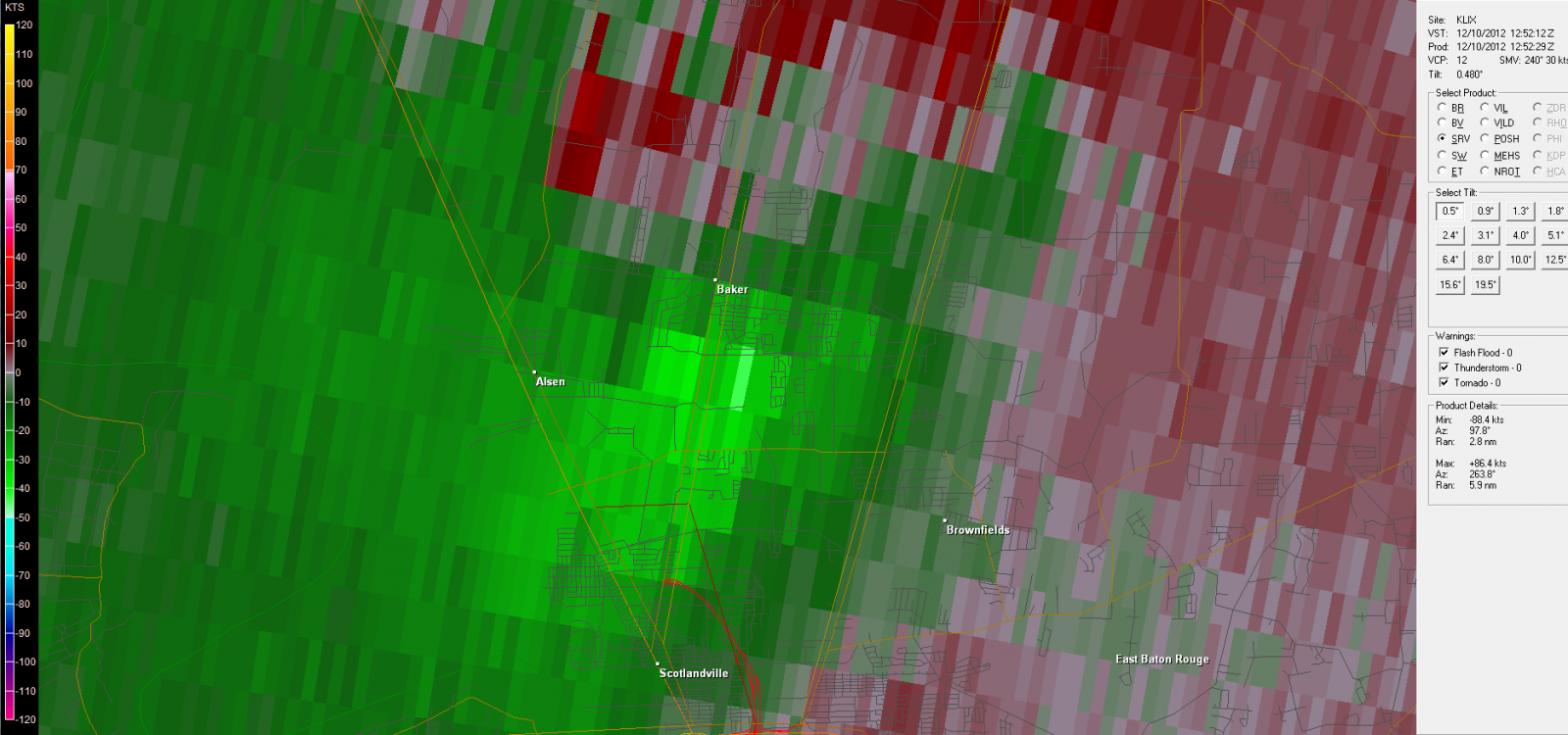 KLIX Storm Relative Velocity for Baker Tornado