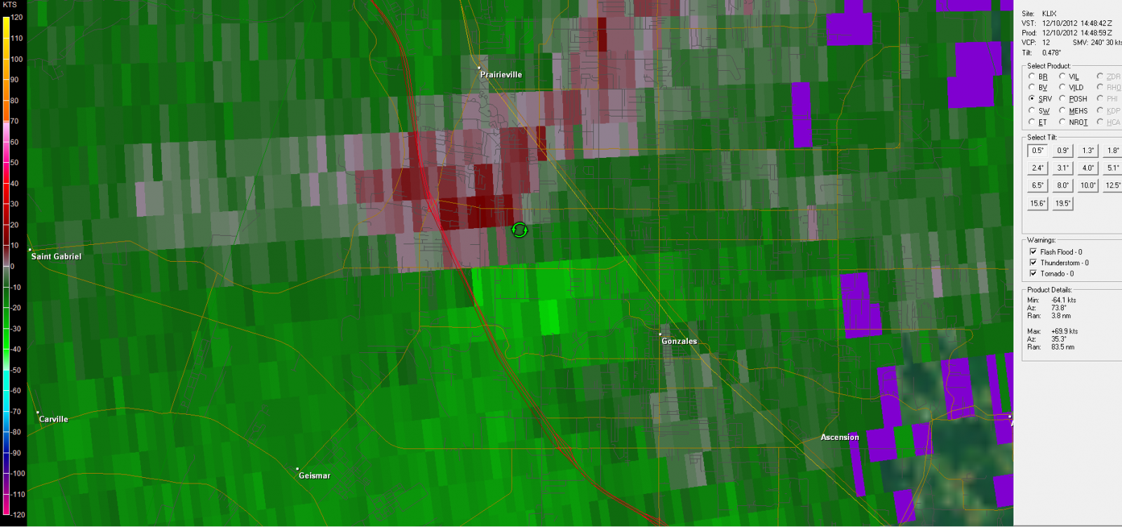 KLIX Storm Relative Velocity for Baker Tornado