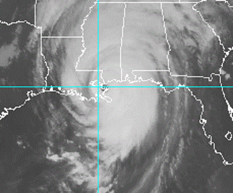 IR Satellite Image of Hurricane Katrina making landfall along the Mississippi and Louisiana border at the mouth of the Pearl River