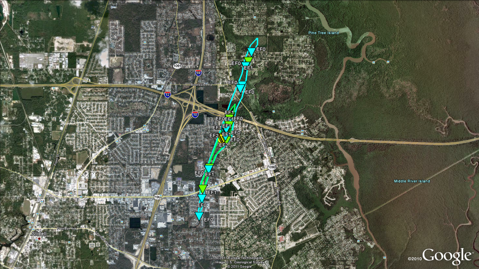 Slidell, LA tornado track of Mar 9, 2011