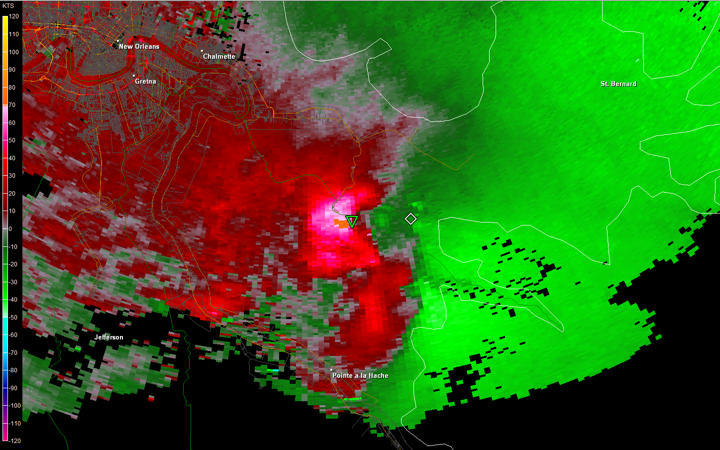 KLIX Storm Relative Velocity product for Delacroix, LA tornado - 03/29/11 2011 CDT