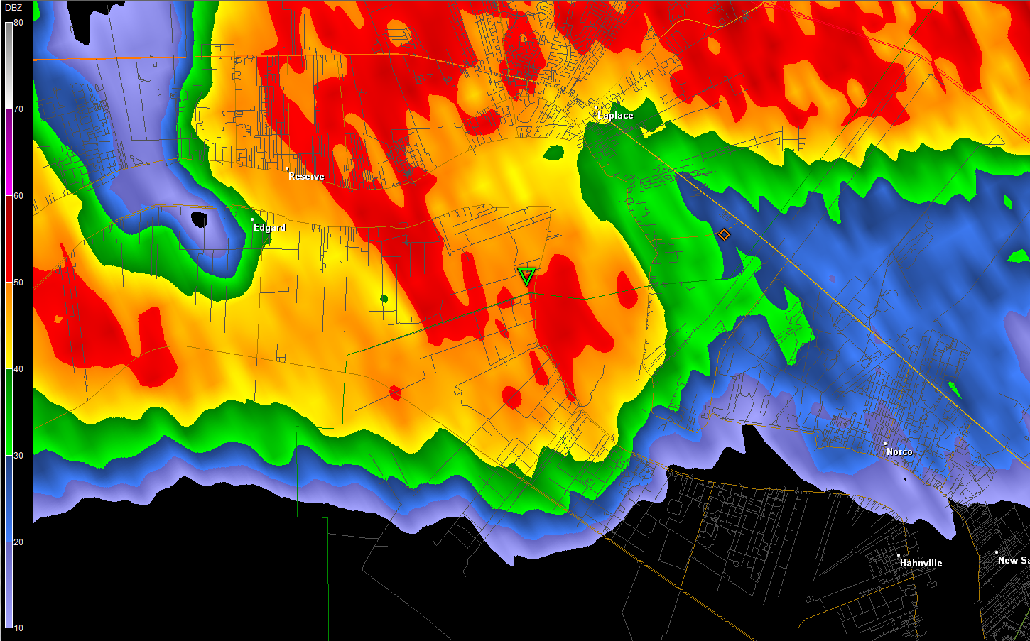 KLIX reflectivity for Edgard, LA tornado of 3/29/2011 1726 CDT