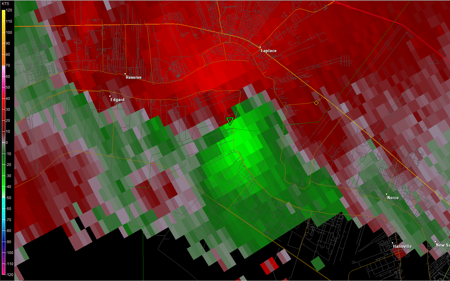 KLIX Storm Relative Velocity product for Delacroix, LA tornado - 03/29/11 2011 CDT