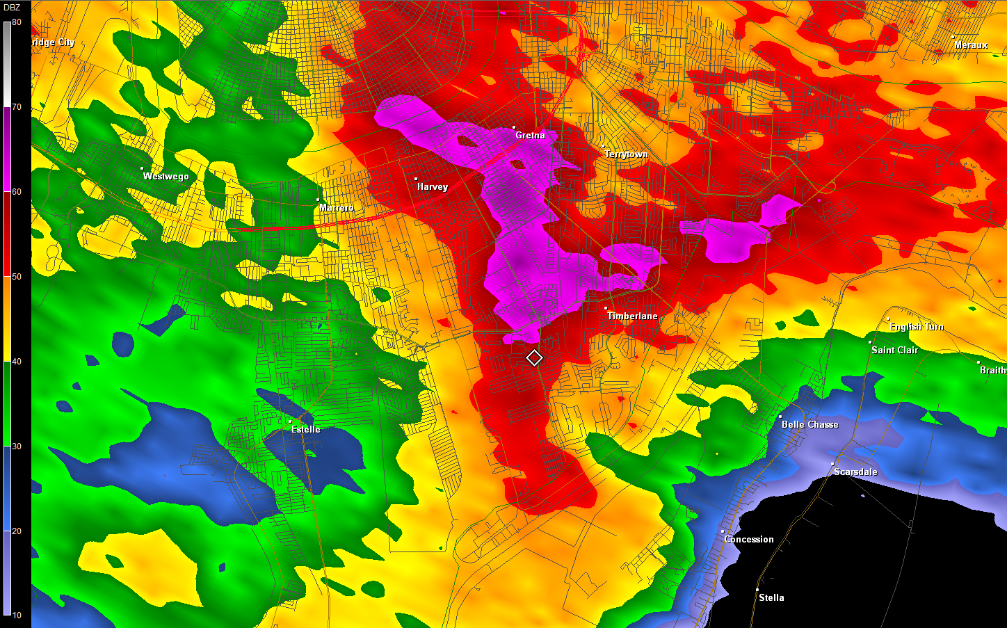 KLIX reflectivity for Harvey, LA straight line winds and hail of 3/29/2011