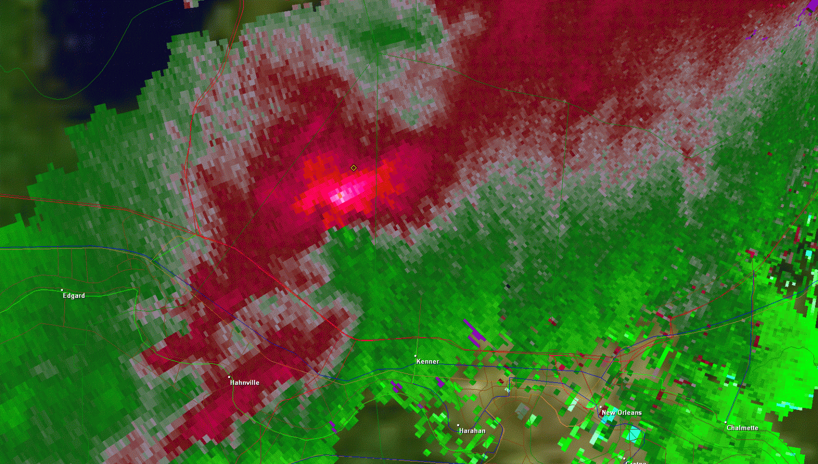 KLIX Storm Relative Velocity product for Kenner, LA tornado - 03/09/11 0543 CST