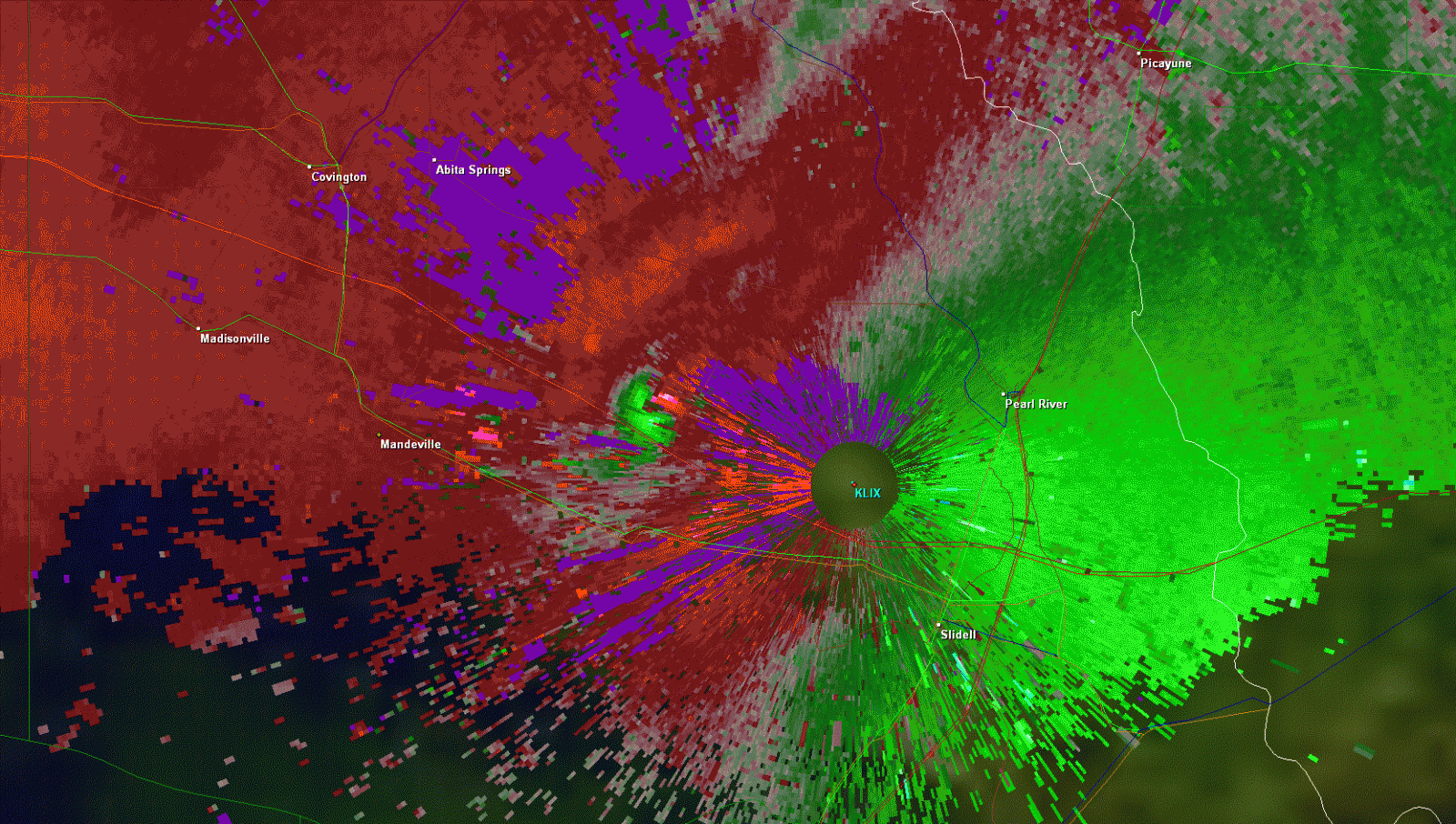 KLIX Storm Relative Velocity product for Lacombe, LA tornado - 03/09/11 0543 CST