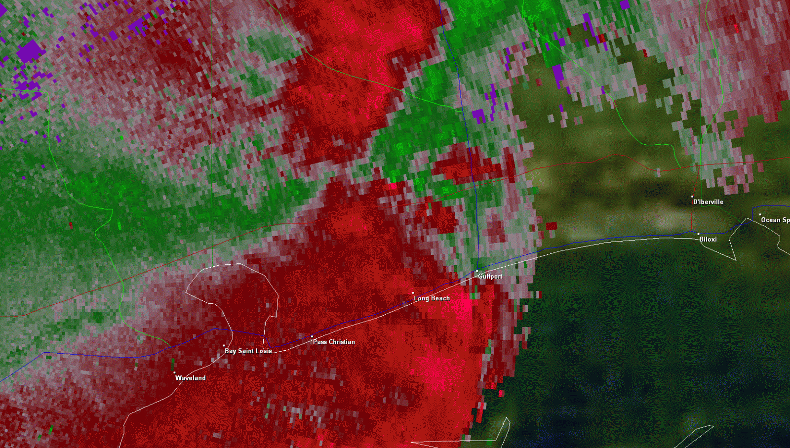 KLIX Storm Relative Velocity product for Gulfport, MS tornado - 03/09/11 0543 CST