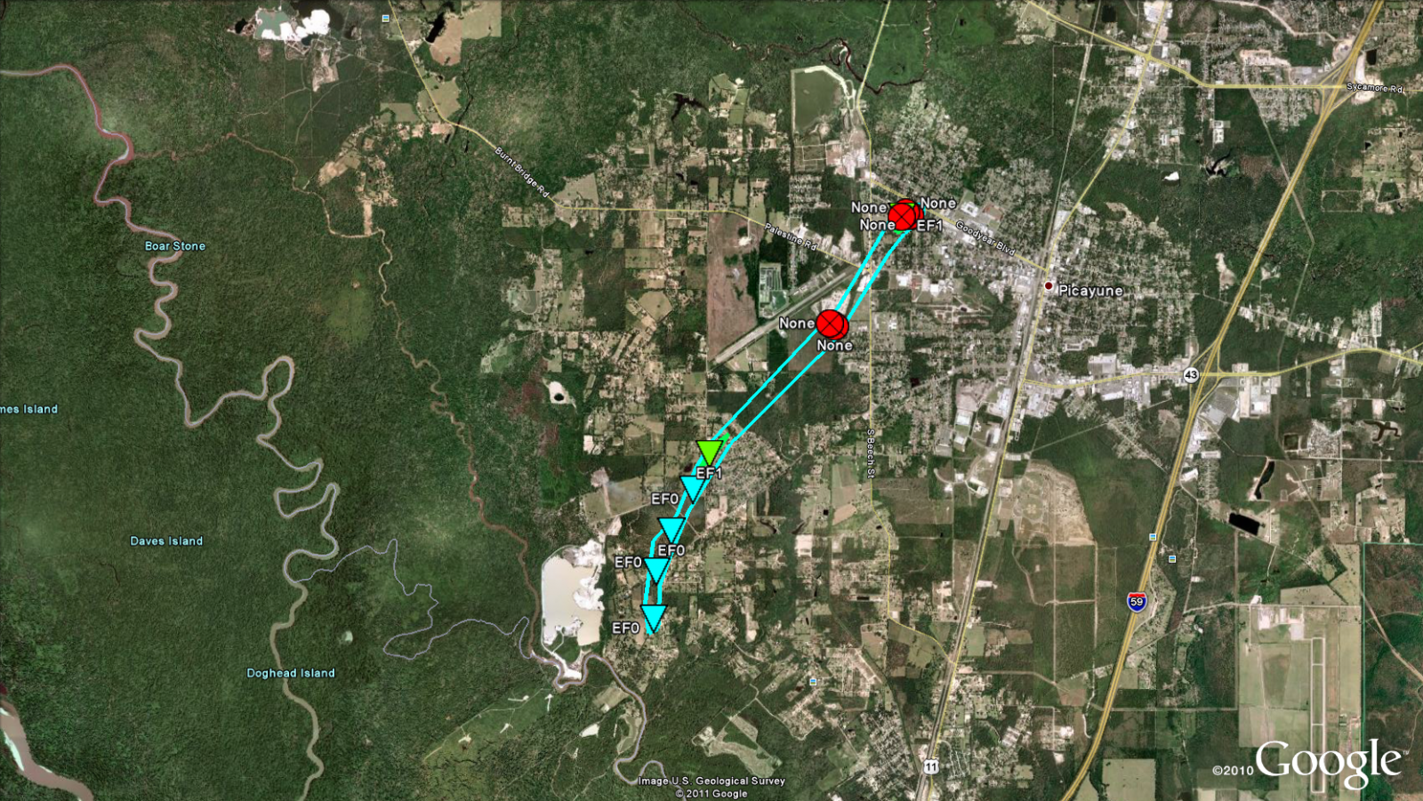 Picayune, MS tornado track of Mar 9, 2011
