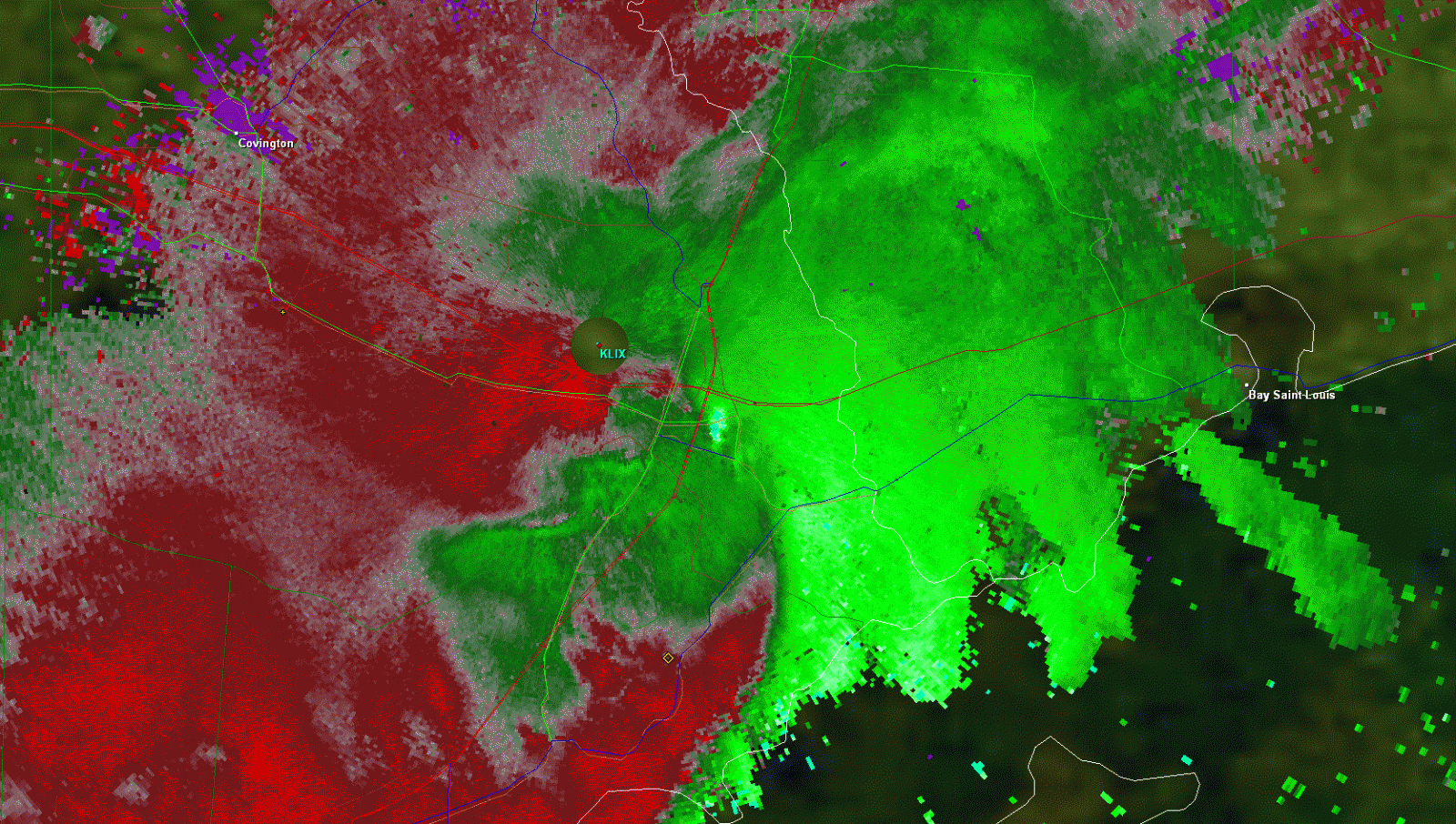 KLIX Storm Relative Velocity product for Slidell, LA tornado - 03/09/11 0543 CST