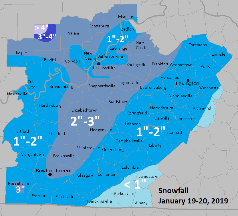 Snowfall in southern Indiana and central Kentucky January 19-20, 2019