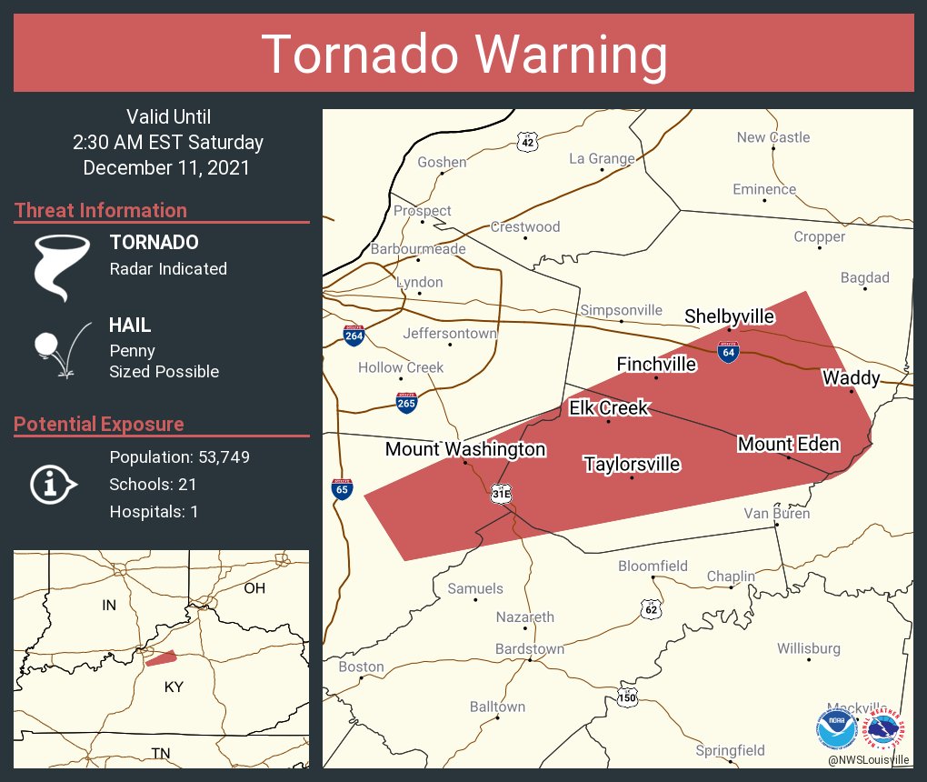 Tornado Warning for Bullitt, Spencer, Nelson, and Shelby counties