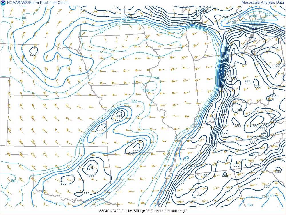 0-1 km Storm Relative Helicity at Midnight EDT 04/01/2023