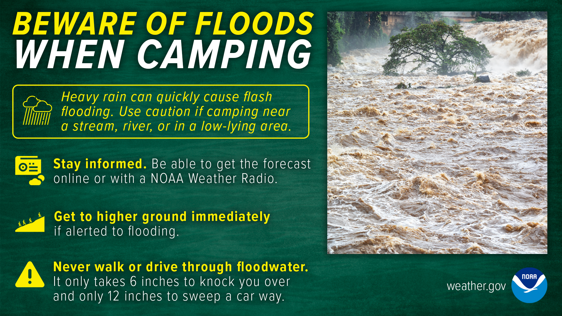 Don't underestimate the power of water! 6 inches of fast-moving water can knock over and carry away an adult. 12 inches of fast-moving water can carry away a small car. 18-24 inches of fast-moving water can carry away most large SUVs, vans and trucks.