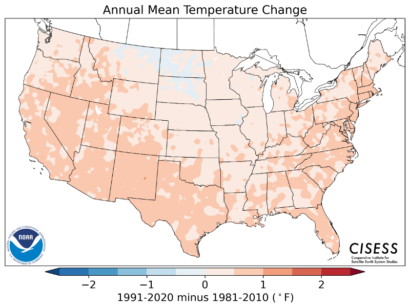 1981-2010 normal annual average temperature difference