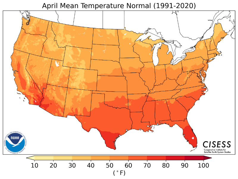 1991-2020 normal April average temperature