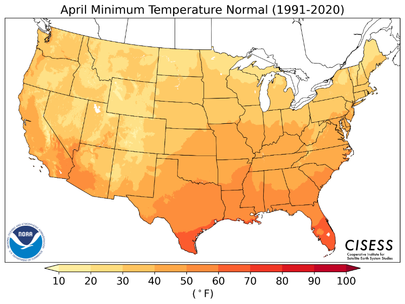 1991-2020 normal April minimum temperature