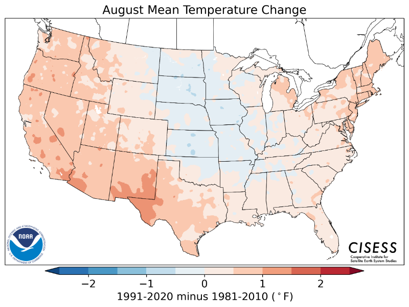1981-2010 normal August average temperature difference