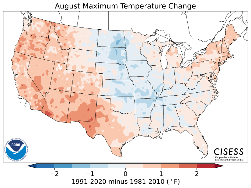 1981-2010 normal August maximum temperature difference