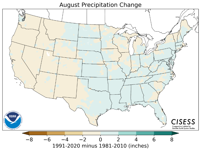 1981-2010 normal August precipitation value difference