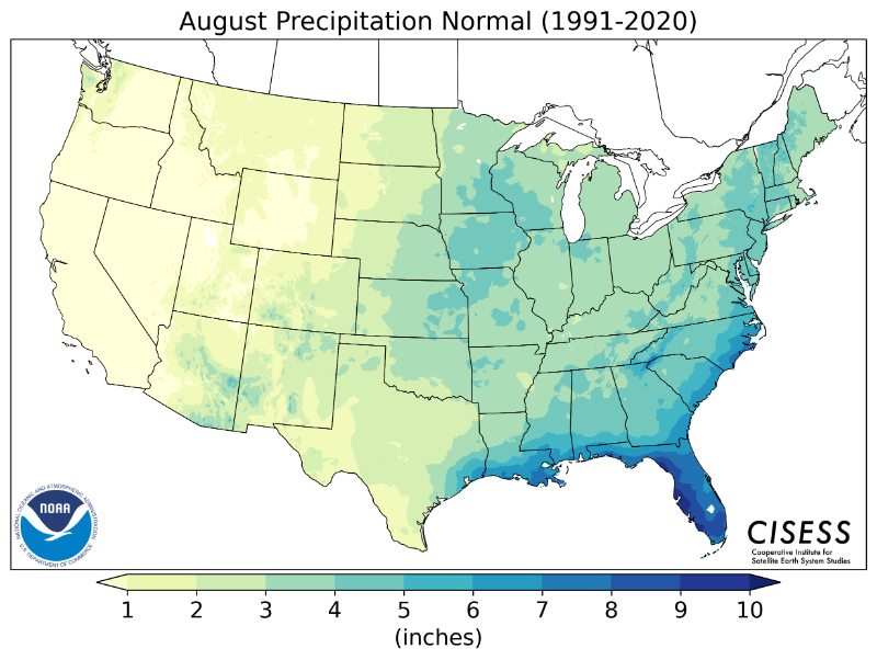 1991-2020 normal August precipitation